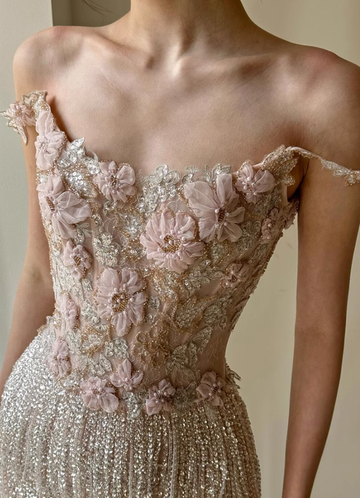 Exquisite Beaded Floral A Line Spaghetti Strap Tulle Long Evening Dress Gown Dress HZ1023